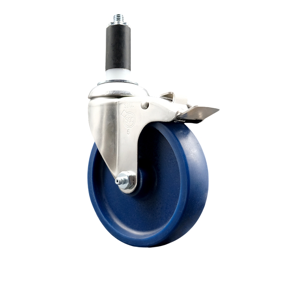 Solid Polyurethane Swivel Stem Caster with 5 Inch Blue Caster Wheel and Total Lock Brake - 1-1/4" Expanding Stem - 316 Stainless Steel Caster - 300 lbs. Capacity Per Caster - Service Caster Brand — photo 1