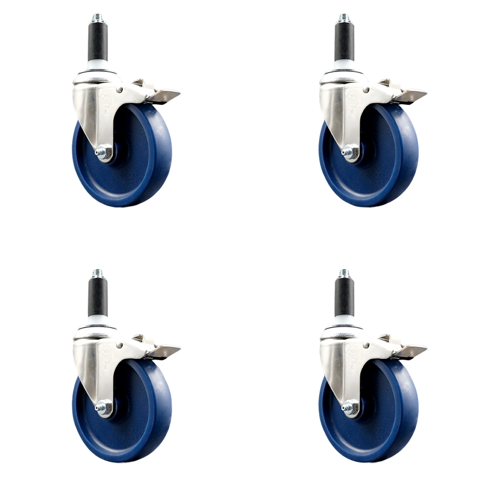 Solid Polyurethane Swivel Stem Caster Set of 4 with 5 Inch Blue Caster Wheels - 1-1/8" Expanding Stems-316 Stainless Steel Casters-Includes 4 Swivel Casters with Total Lock Brakes-Service Caster Brand — photo 1
