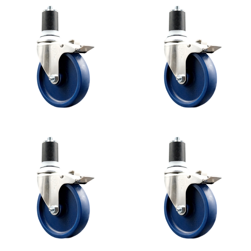 Solid Polyurethane Swivel Stem Caster Set of 4 with 5 Inch Blue Caster Wheels - 1-3/4" Expanding Stems-316 Stainless Steel Casters-Includes 4 Swivel Casters with Total Lock Brakes-Service Caster Brand — photo 1