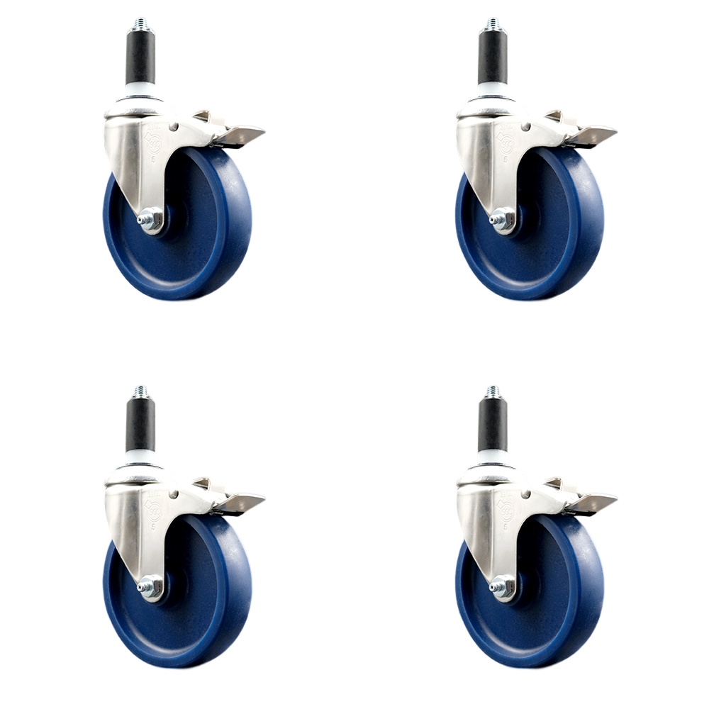Solid Polyurethane Swivel Stem Caster Set of 4 with 5 Inch Blue Caster Wheels - 1-3/8" Expanding Stems-316 Stainless Steel Casters-Includes 4 Swivel Casters with Total Lock Brakes-Service Caster Brand — photo 1