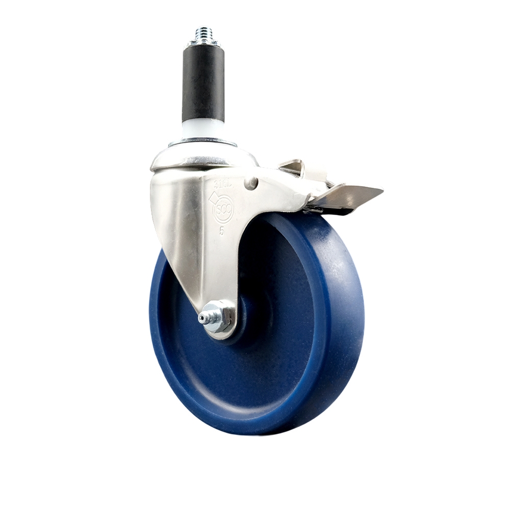 Solid Polyurethane Swivel Stem Caster with 5 Inch Blue Caster Wheel and Total Lock Brake - 1-3/8" Expanding Stem - 316 Stainless Steel Caster - 300 lbs. Capacity Per Caster - Service Caster Brand — photo 1