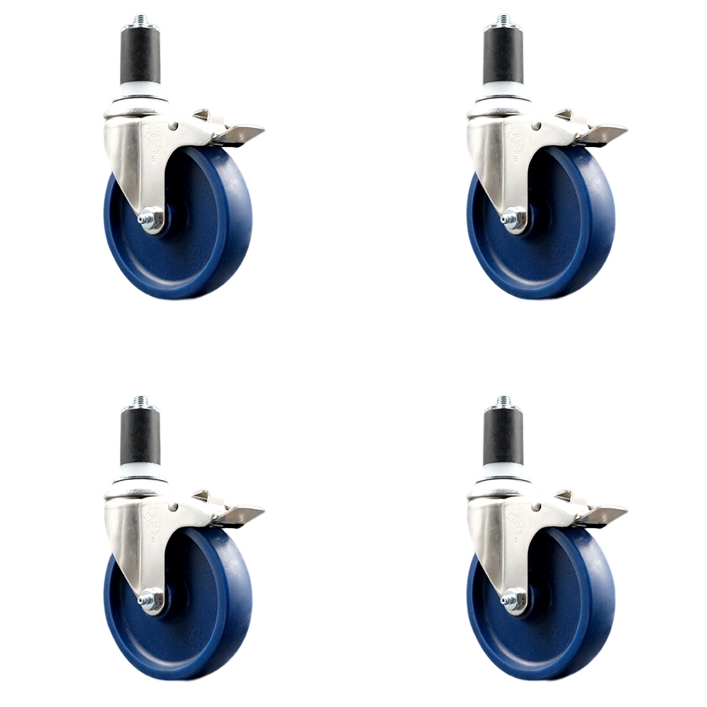 Solid Polyurethane Swivel Stem Caster Set of 4 with 5 Inch Blue Caster Wheels - 1-5/8" Expanding Stems-316 Stainless Steel Casters-Includes 4 Swivel Casters with Total Lock Brakes-Service Caster Brand — photo 1