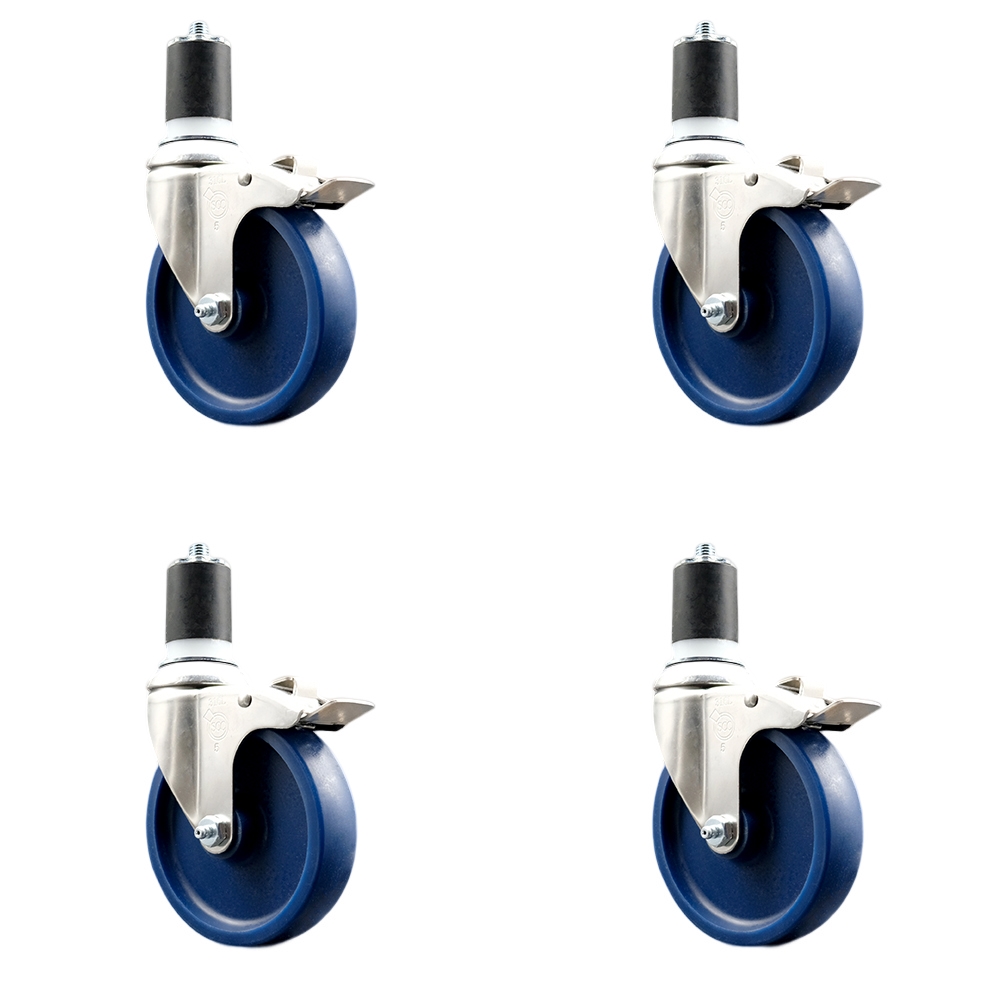 Solid Polyurethane Swivel Stem Caster Set of 4 with 5 Inch Blue Caster Wheels - 1-7/8" Expanding Stems-316 Stainless Steel Casters-Includes 4 Swivel Casters with Total Lock Brakes-Service Caster Brand — photo 1
