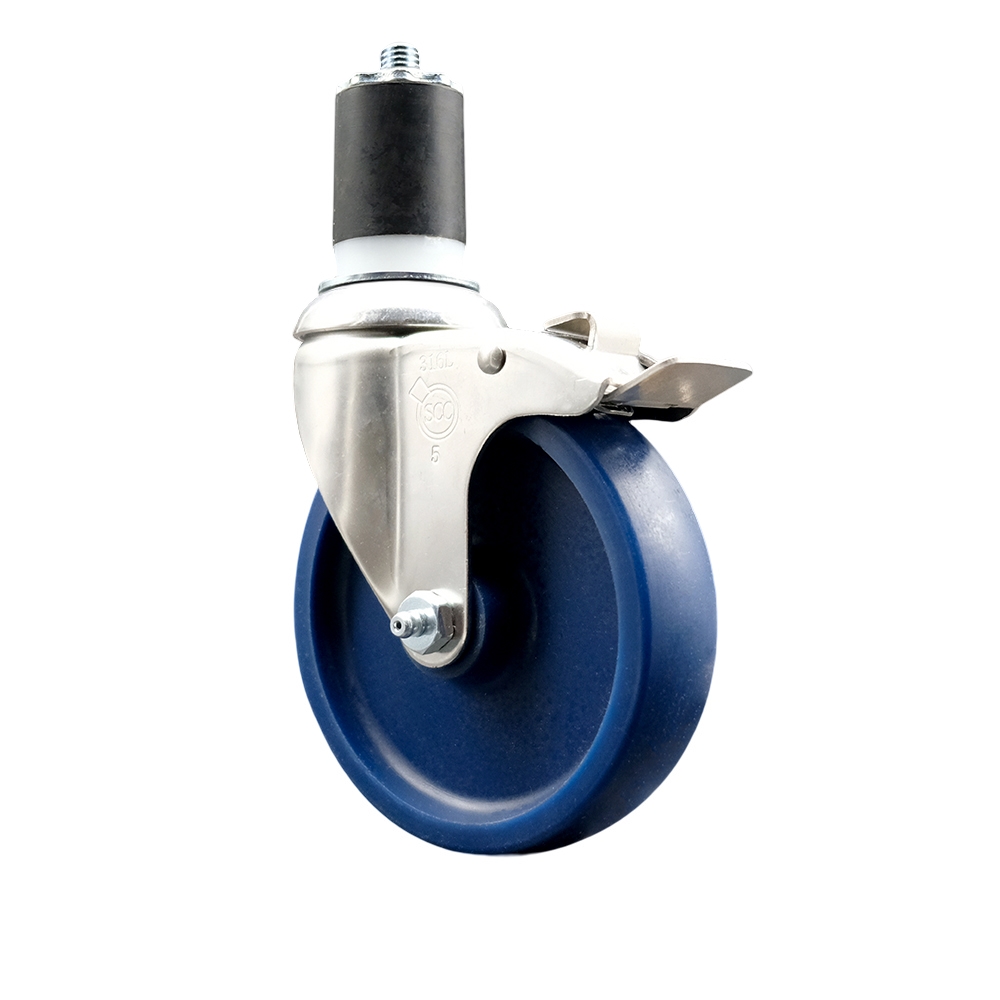 Solid Polyurethane Swivel Stem Caster with 5 Inch Blue Caster Wheel and Total Lock Brake - 1-7/8" Expanding Stem - 316 Stainless Steel Caster - 300 lbs. Capacity Per Caster - Service Caster Brand — photo 1