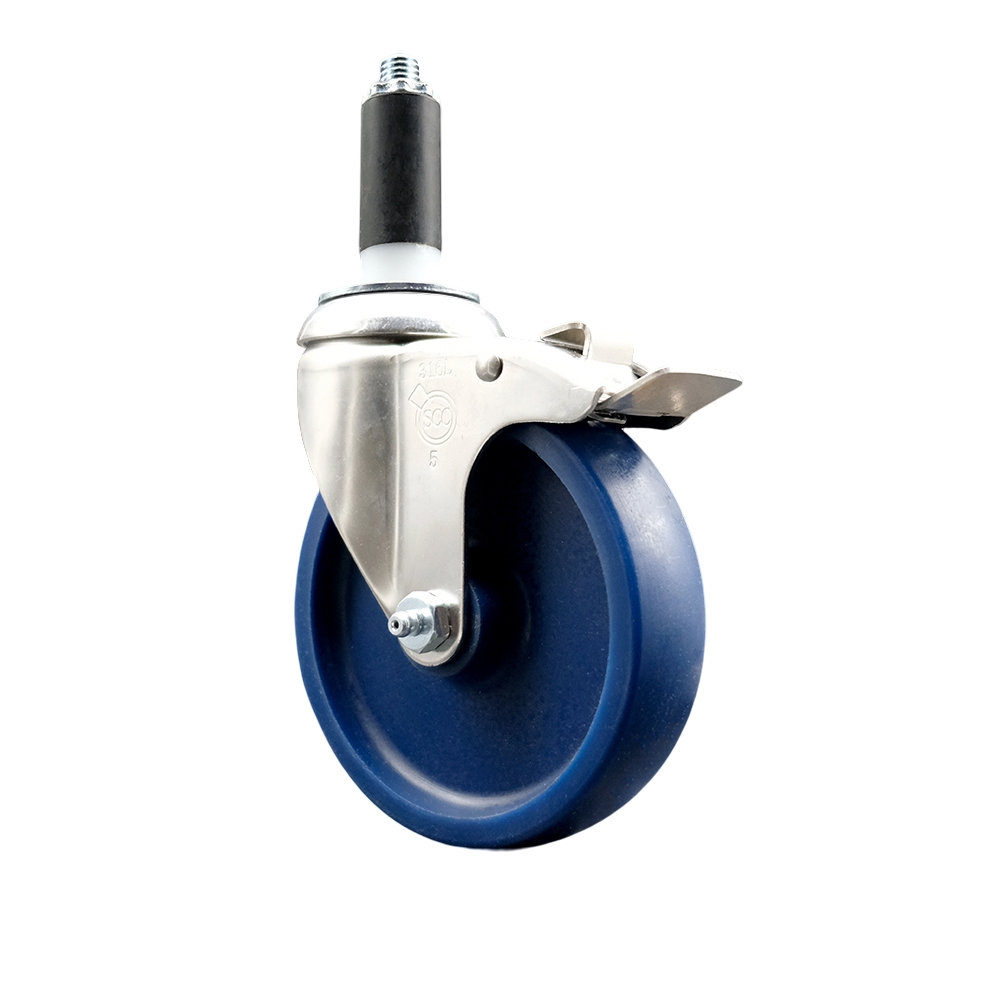Solid Polyurethane Swivel Stem Caster with 5 Inch Blue Caster Wheel and Total Lock Brake - 1" Expanding Stem - 316 Stainless Steel Caster - 300 lbs. Capacity Per Caster - Service Caster Brand — photo 1