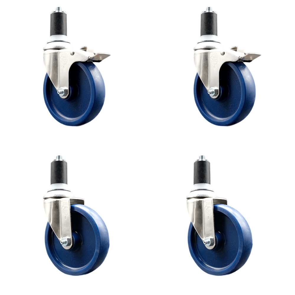 Solid Poly Swivel Stem Caster Set of 4 with 5 Inch Blue Caster Wheels - 1-1/2" Expanding Stem - 316 Stainless Steel Casters - Includes 2 Swivel with Total Lock Brakes and 2 Swivel-Service Caster Brand — photo 1