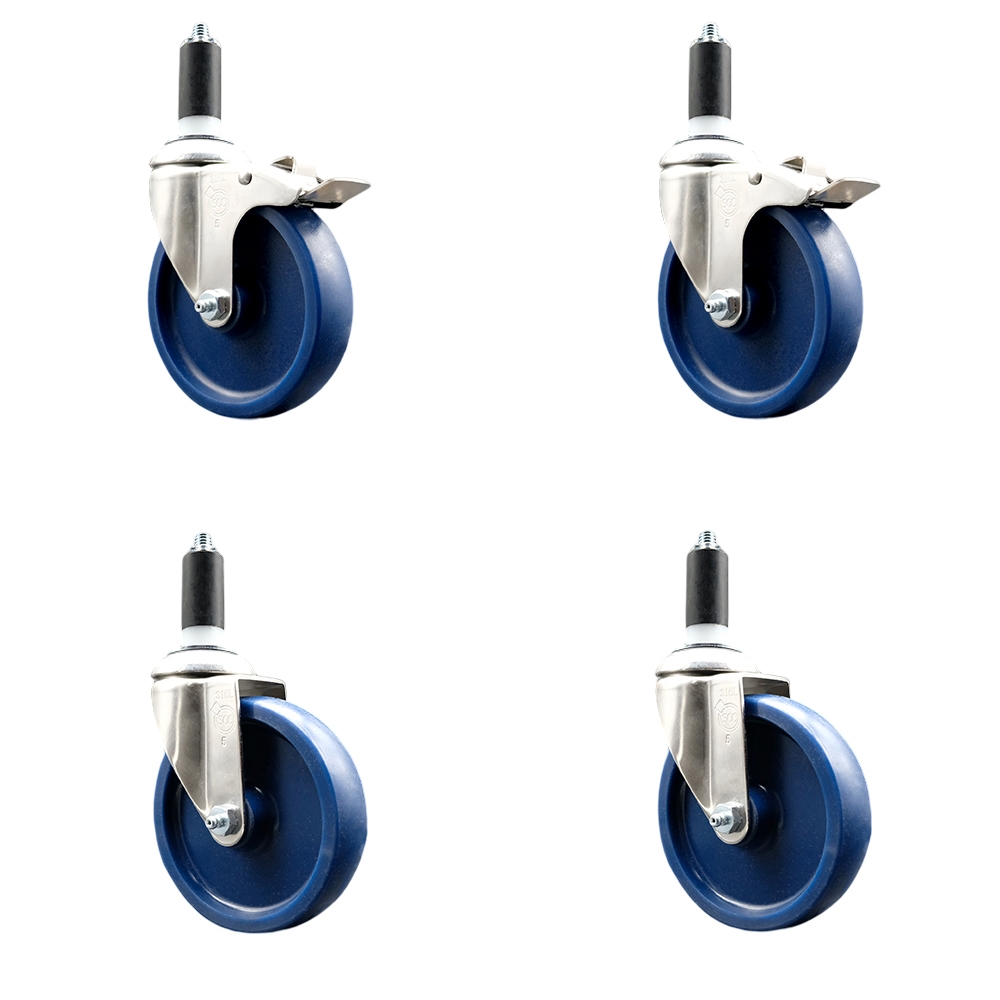 Solid Poly Swivel Stem Caster Set of 4 with 5 Inch Blue Caster Wheels - 1-1/4" Expanding Stem - 316 Stainless Steel Casters - Includes 2 Swivel with Total Lock Brakes and 2 Swivel-Service Caster Brand — photo 1