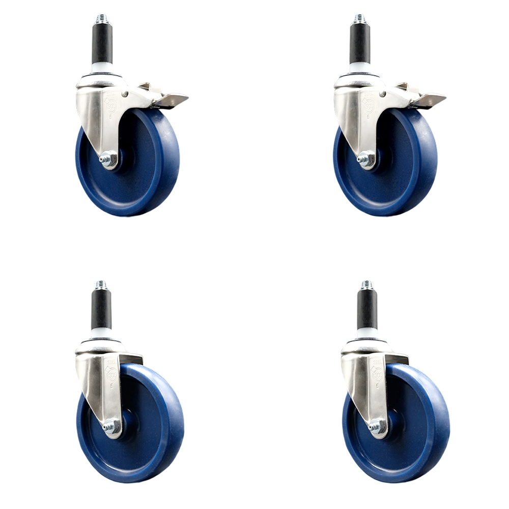 Solid Poly Swivel Stem Caster Set of 4 with 5 Inch Blue Caster Wheels - 1-1/8" Expanding Stem - 316 Stainless Steel Casters - Includes 2 Swivel with Total Lock Brakes and 2 Swivel-Service Caster Brand — photo 1