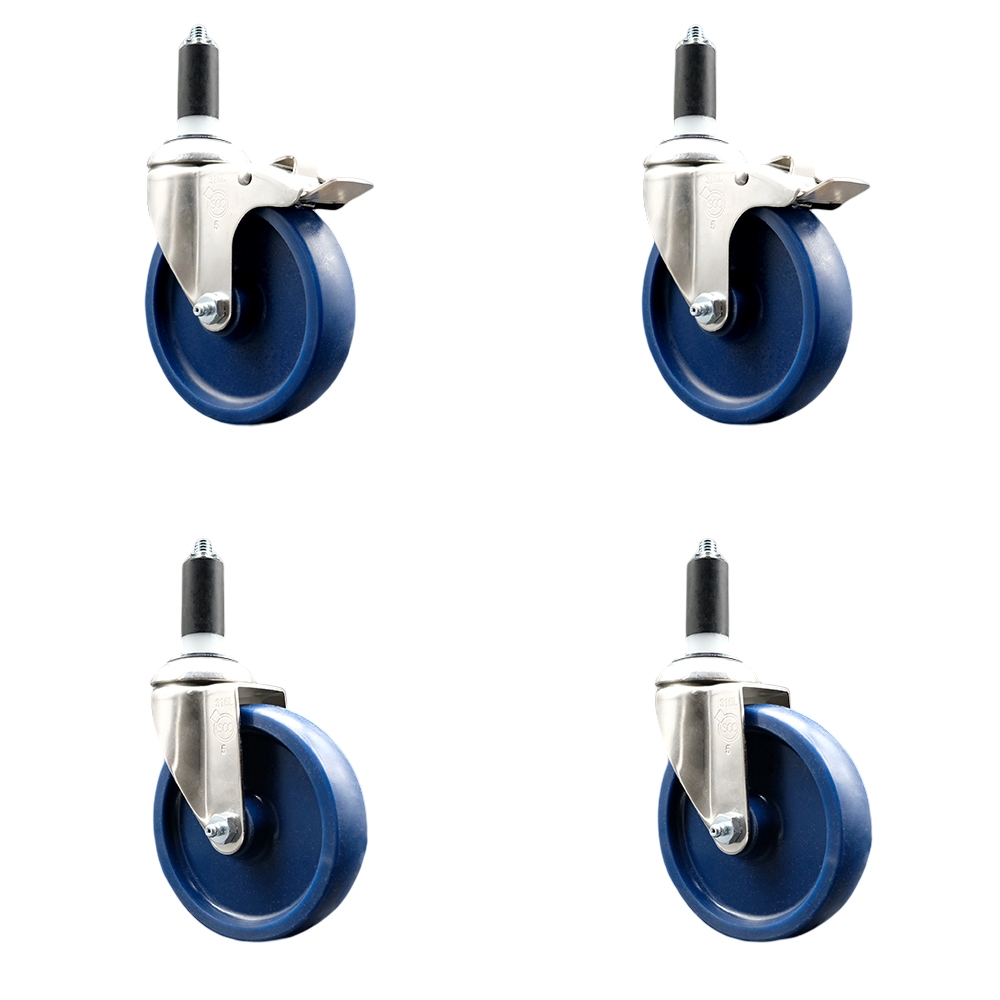 Solid Poly Swivel Stem Caster Set of 4 with 5 Inch Blue Caster Wheels - 1-3/8" Expanding Stem - 316 Stainless Steel Casters - Includes 2 Swivel with Total Lock Brakes and 2 Swivel-Service Caster Brand — photo 1