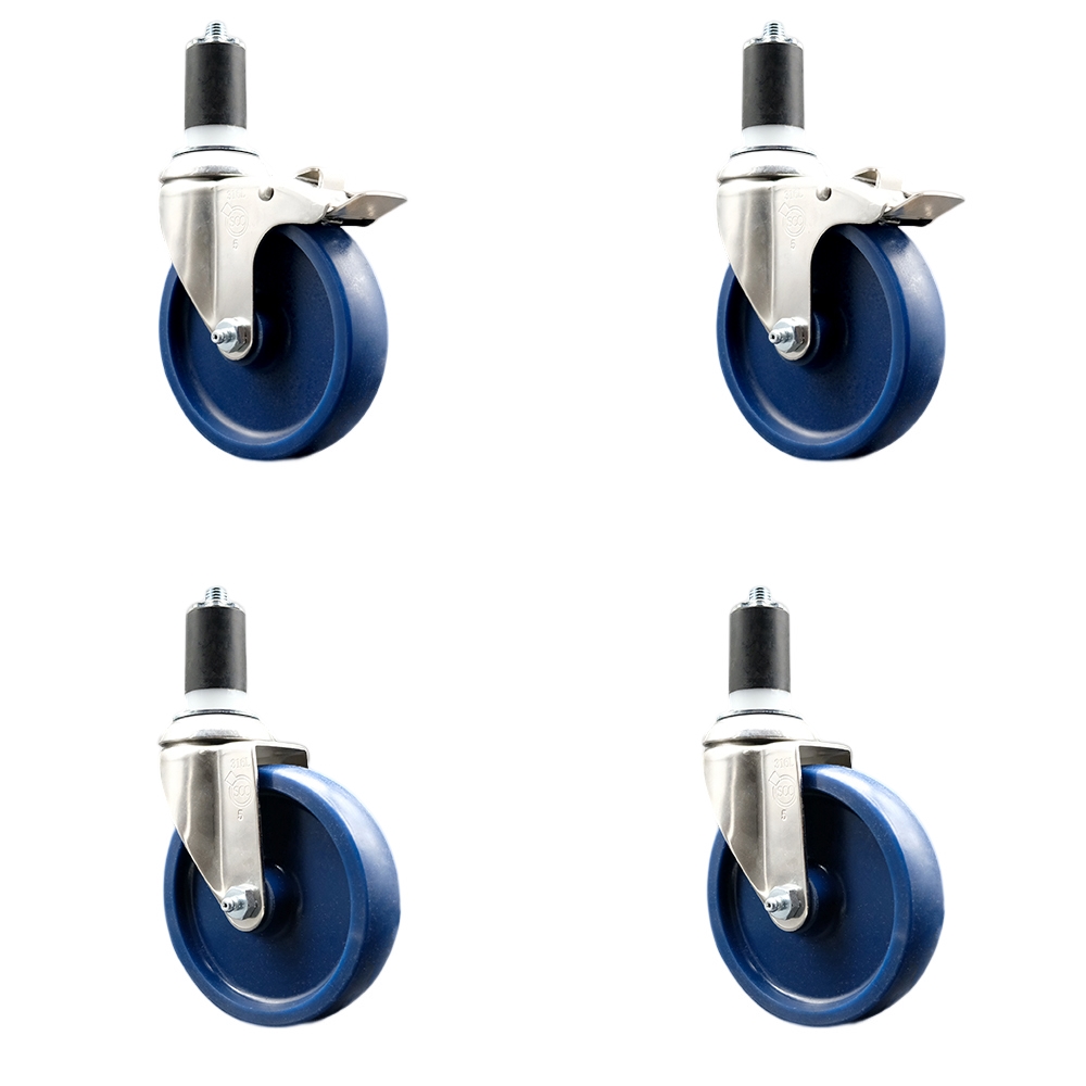 Solid Poly Swivel Stem Caster Set of 4 with 5 Inch Blue Caster Wheels - 1-5/8" Expanding Stem - 316 Stainless Steel Casters - Includes 2 Swivel with Total Lock Brakes and 2 Swivel-Service Caster Brand — photo 1