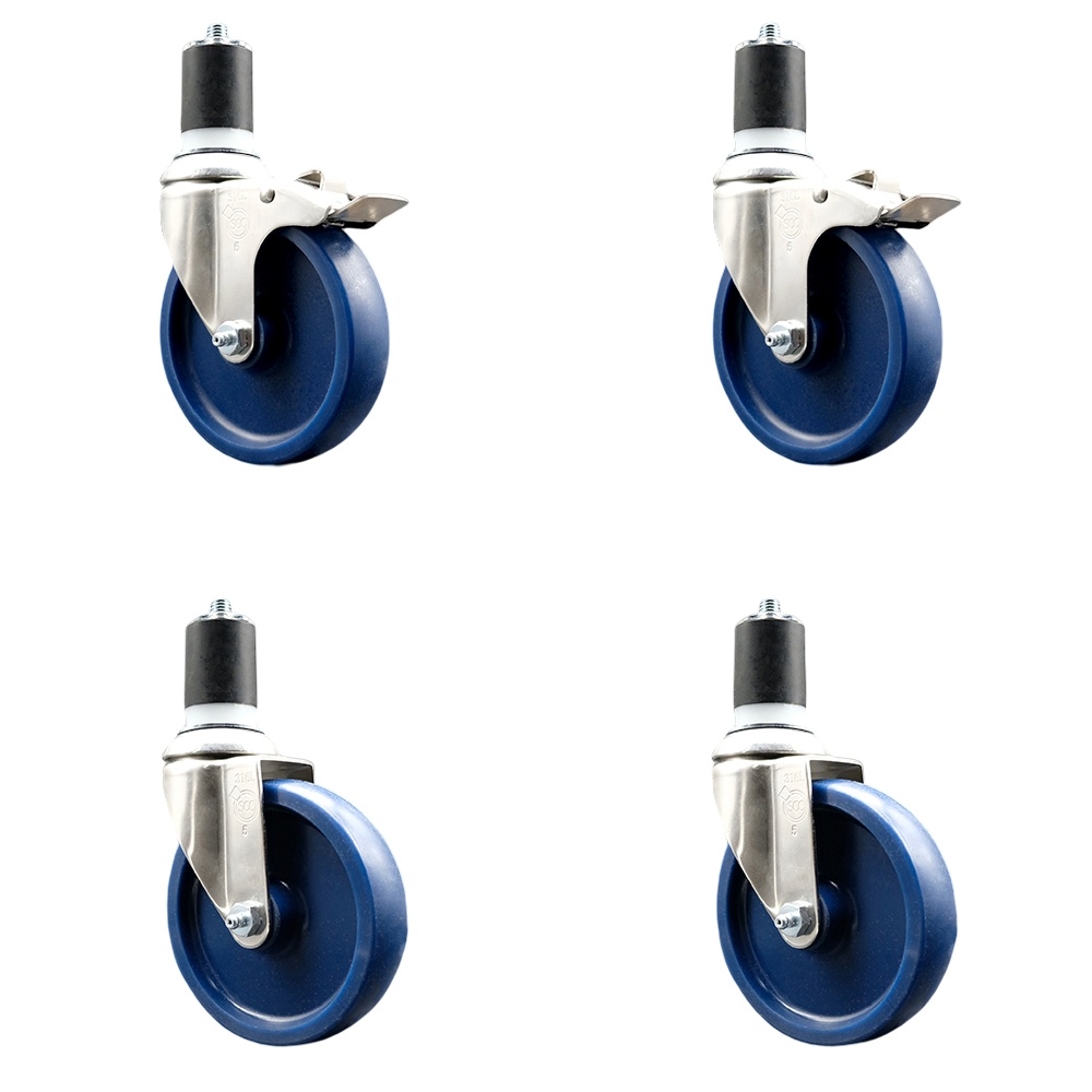 Solid Poly Swivel Stem Caster Set of 4 with 5 Inch Blue Caster Wheels - 1-7/8" Expanding Stem - 316 Stainless Steel Casters - Includes 2 Swivel with Total Lock Brakes and 2 Swivel-Service Caster Brand — photo 1