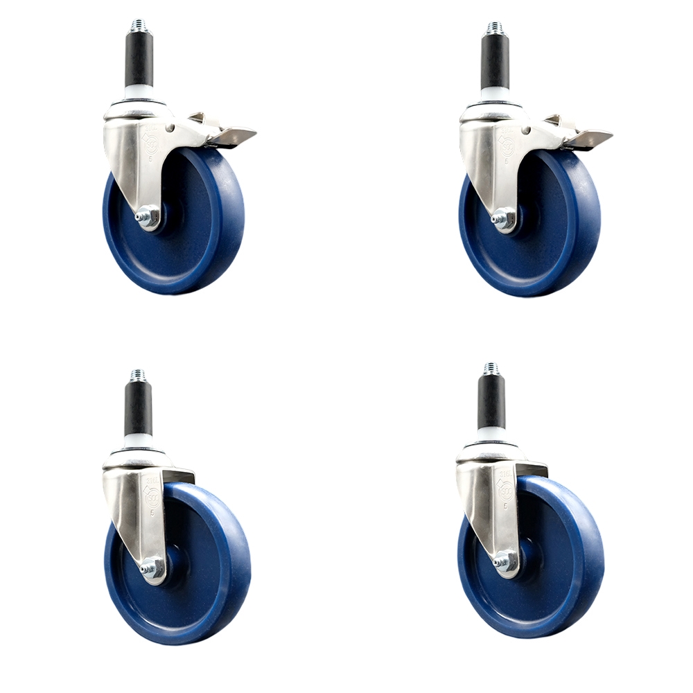 Solid Poly Swivel Stem Caster Set of 4 with 5 Inch Blue Caster Wheels - 1" Expanding Stem - 316 Stainless Steel Casters - Includes 2 Swivel with Total Lock Brakes and 2 Swivel - Service Caster Brand — photo 1