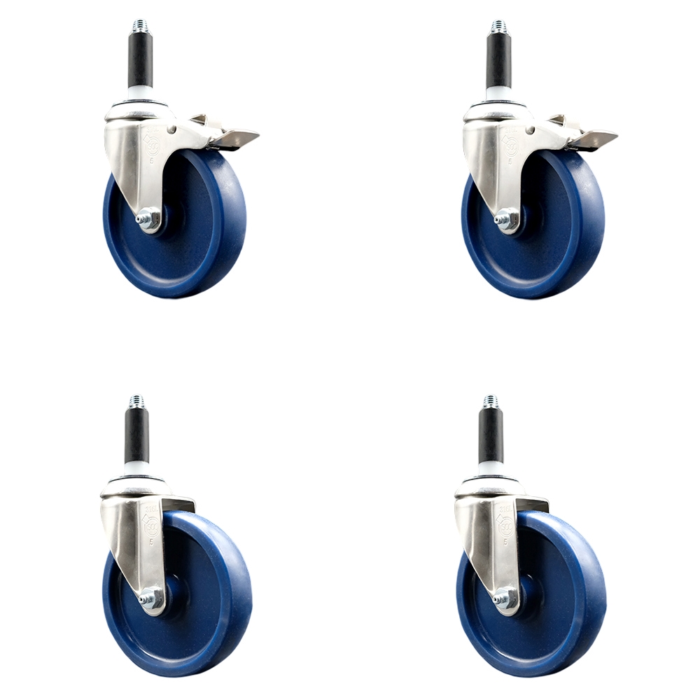 Solid Poly Swivel Stem Caster Set of 4 with 5 Inch Blue Caster Wheels - 7/8" Expanding Stem - 316 Stainless Steel Casters - Includes 2 Swivel with Total Lock Brakes and 2 Swivel - Service Caster Brand — photo 1