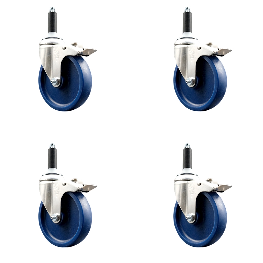 Solid Polyurethane Swivel Stem Caster Set of 4 with 5 Inch Blue Caster Wheels - 3/4" Expanding Stems-316 Stainless Steel Casters - Includes 4 Swivel Casters with Total Lock Brakes-Service Caster Brand — photo 1