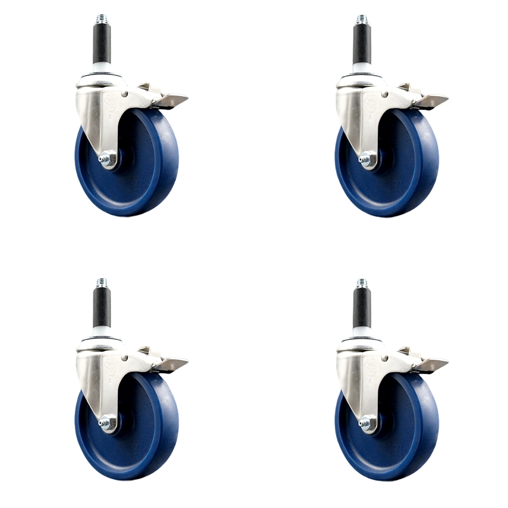 Solid Polyurethane Swivel Stem Caster Set of 4 with 5 Inch Blue Caster Wheels - 7/8" Expanding Stems-316 Stainless Steel Casters - Includes 4 Swivel Casters with Total Lock Brakes-Service Caster Brand — photo 1