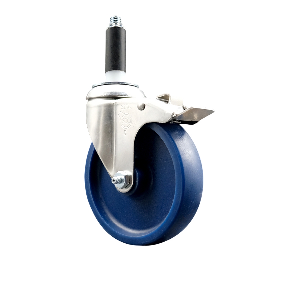 Solid Polyurethane Swivel Stem Caster with 5 Inch Blue Caster Wheel and Total Lock Brake - 7/8" Expanding Stem - 316 Stainless Steel Caster - 300 lbs. Capacity Per Caster - Service Caster Brand — photo 1
