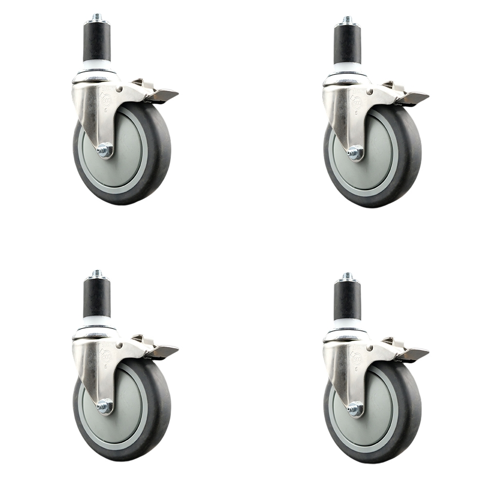 Thermoplastic Rubber Swivel Stem Caster Set of 4 with 5 Inch Caster Wheels - 1-1/2" Expanding Stems - 316 Stainless Steel Casters -Includes 4 Swivel Casters with Total Lock Brakes-Service Caster Brand — photo 1