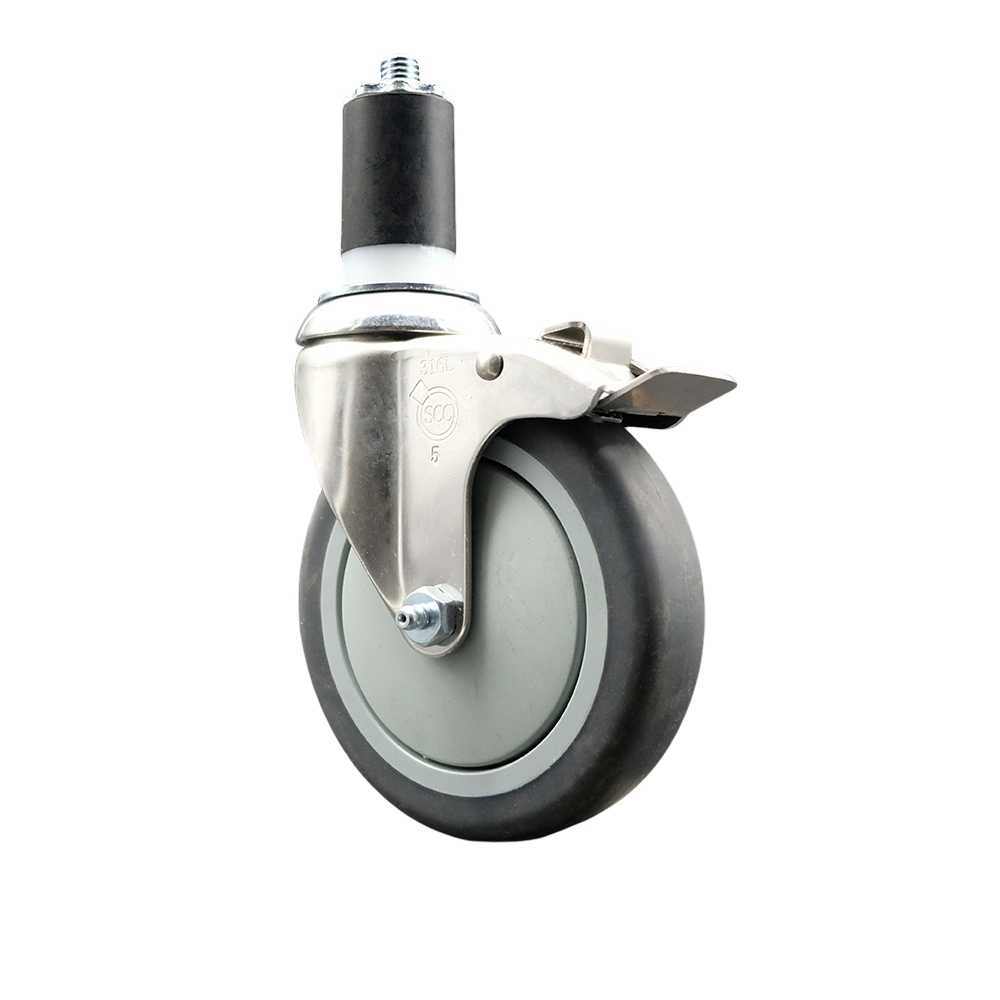 Thermoplastic Rubber Swivel Stem Caster with 5 Inch Gray Caster Wheel and Total Lock Brake - 1-1/2" Expanding Stem - 316 Stainless Steel Caster - 300 lbs. Capacity Per Caster - Service Caster Brand — photo 1
