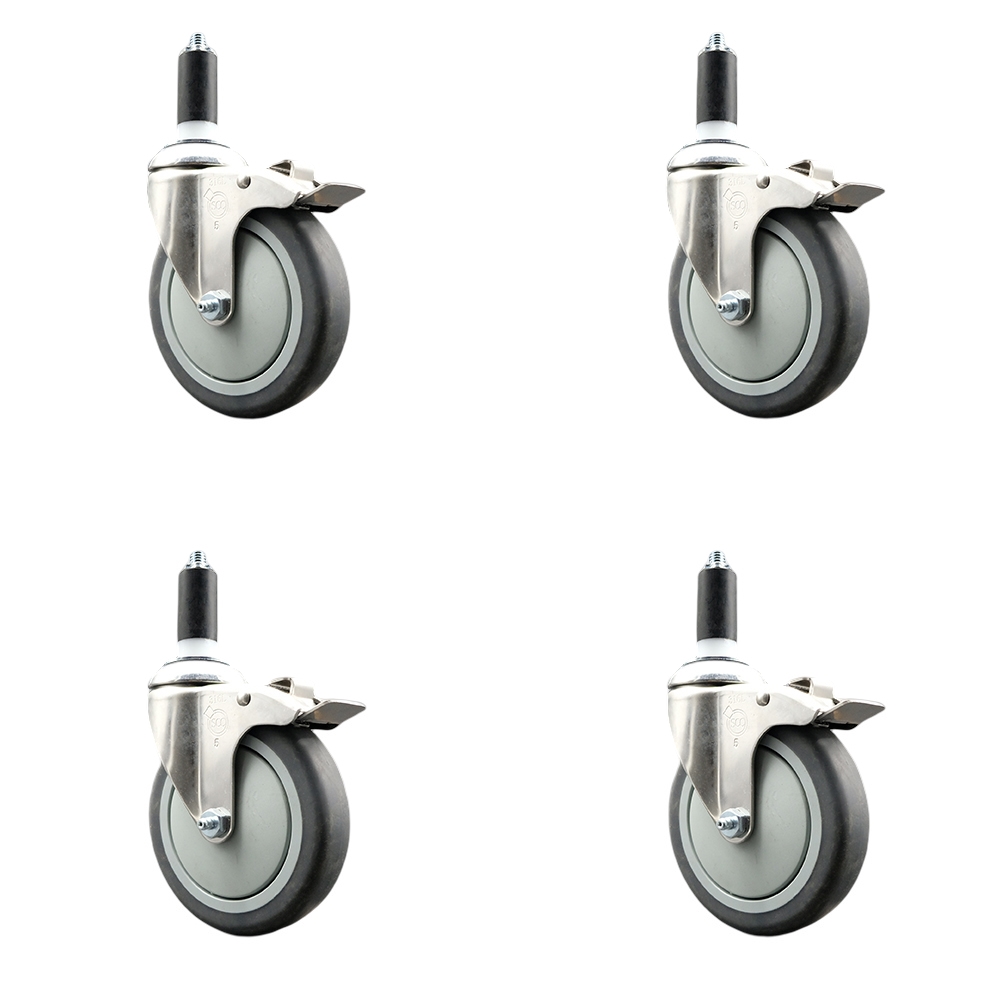 Thermoplastic Rubber Swivel Stem Caster Set of 4 with 5 Inch Caster Wheels - 1-1/4" Expanding Stems - 316 Stainless Steel Casters -Includes 4 Swivel Casters with Total Lock Brakes-Service Caster Brand — photo 1