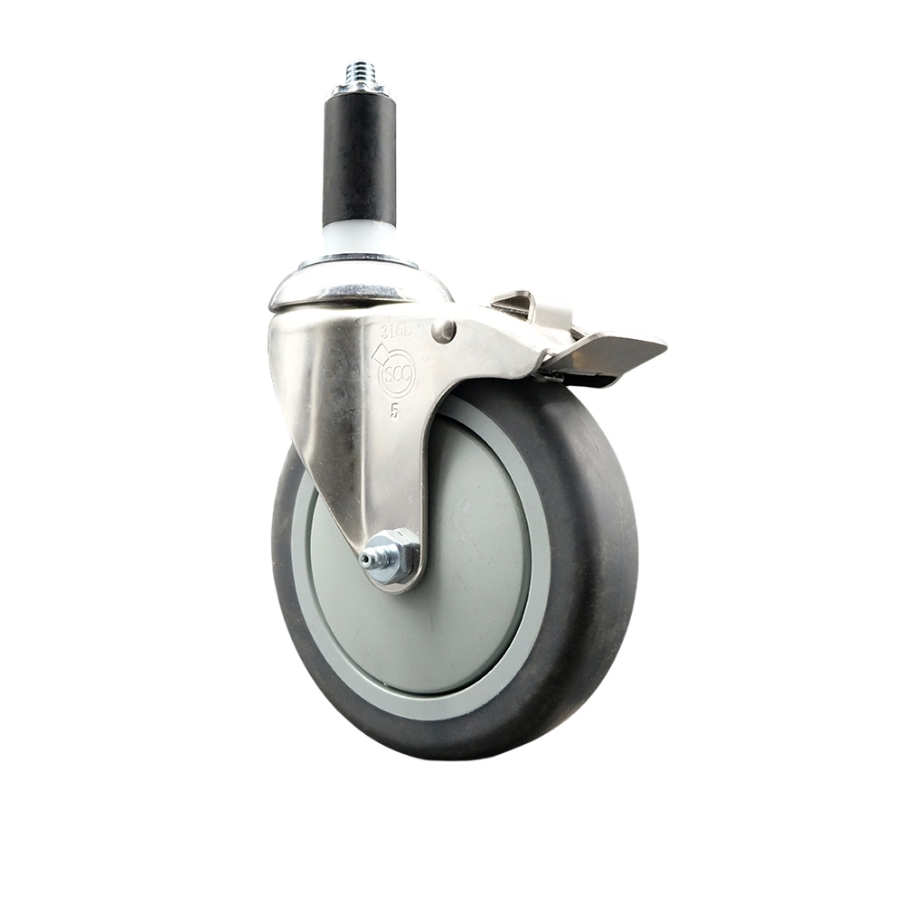 Thermoplastic Rubber Swivel Stem Caster with 5 Inch Gray Caster Wheel and Total Lock Brake - 1-1/4" Expanding Stem - 316 Stainless Steel Caster - 300 lbs. Capacity Per Caster - Service Caster Brand — photo 1