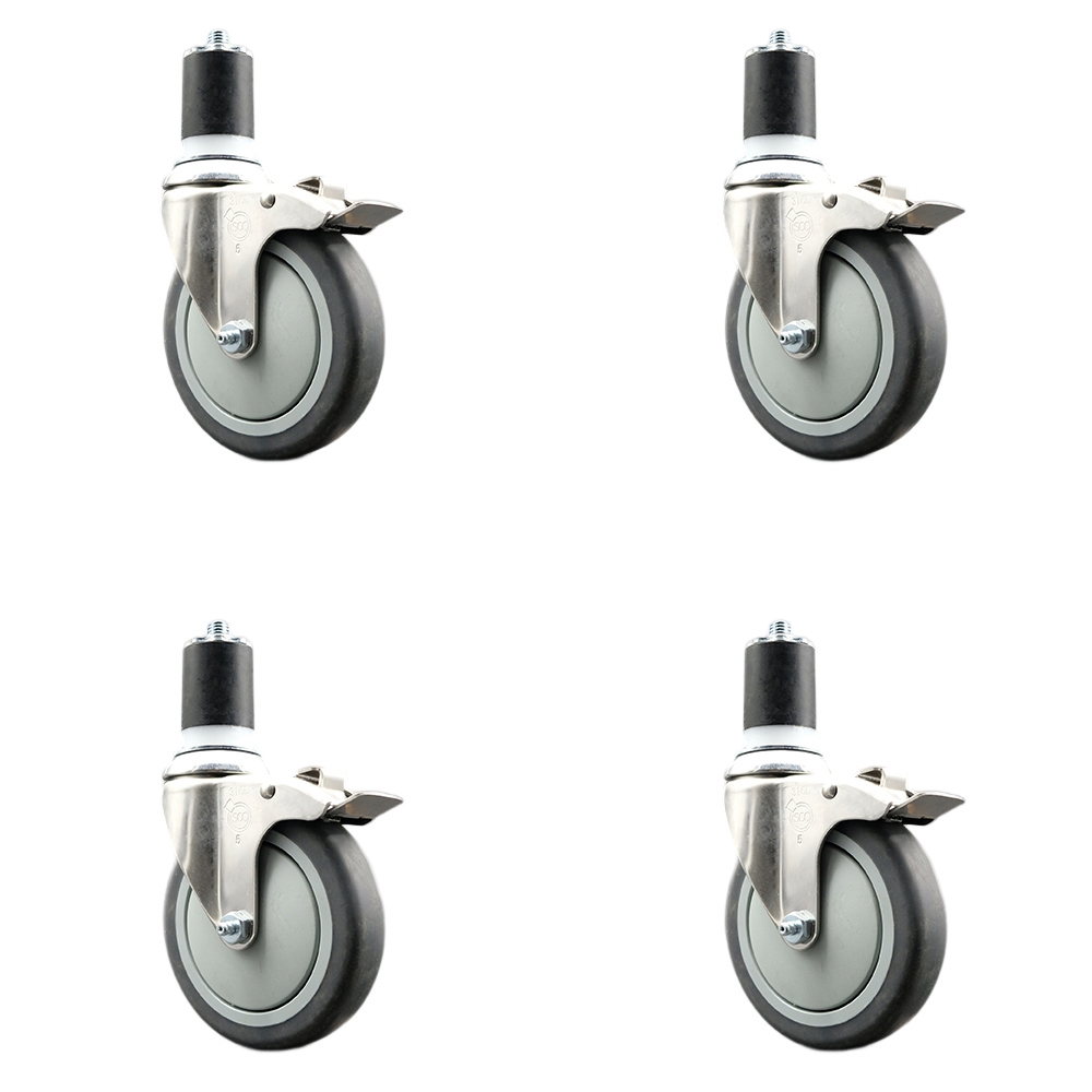 Thermoplastic Rubber Swivel Stem Caster Set of 4 with 5 Inch Caster Wheels - 1-3/4" Expanding Stems - 316 Stainless Steel Casters -Includes 4 Swivel Casters with Total Lock Brakes-Service Caster Brand — photo 1