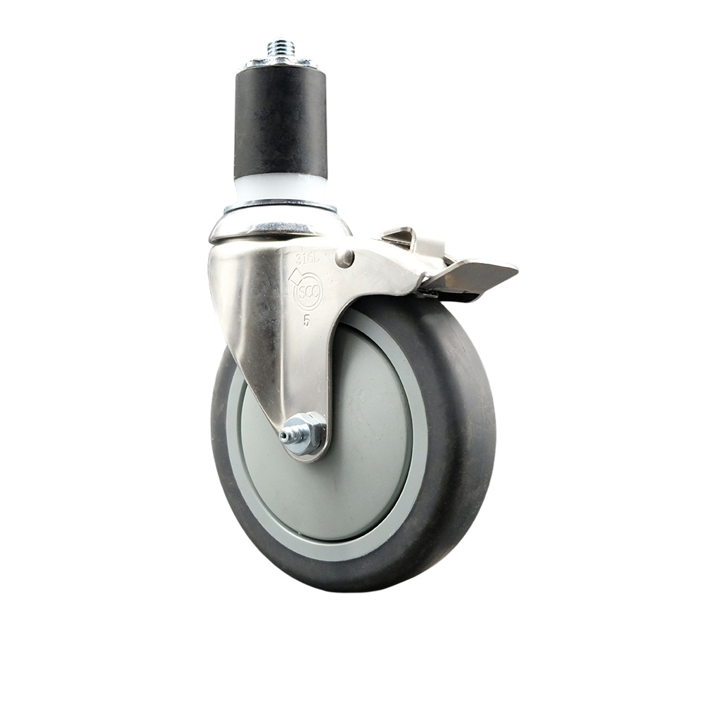 Thermoplastic Rubber Swivel Stem Caster with 5 Inch Gray Caster Wheel and Total Lock Brake - 1-3/4" Expanding Stem - 316 Stainless Steel Caster - 300 lbs. Capacity Per Caster - Service Caster Brand — photo 1