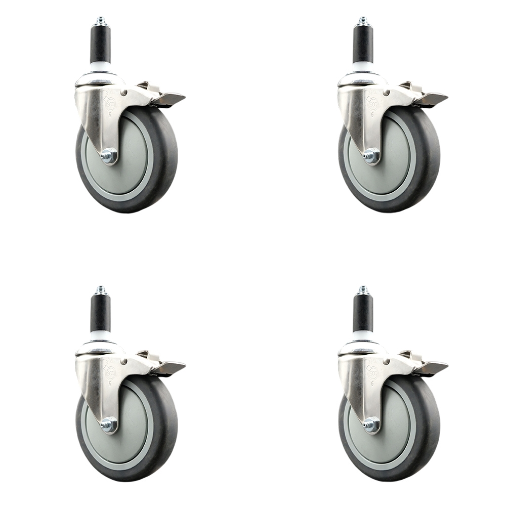 Thermoplastic Rubber Swivel Stem Caster Set of 4 with 5 Inch Caster Wheels - 1-3/8" Expanding Stems - 316 Stainless Steel Casters -Includes 4 Swivel Casters with Total Lock Brakes-Service Caster Brand — photo 1