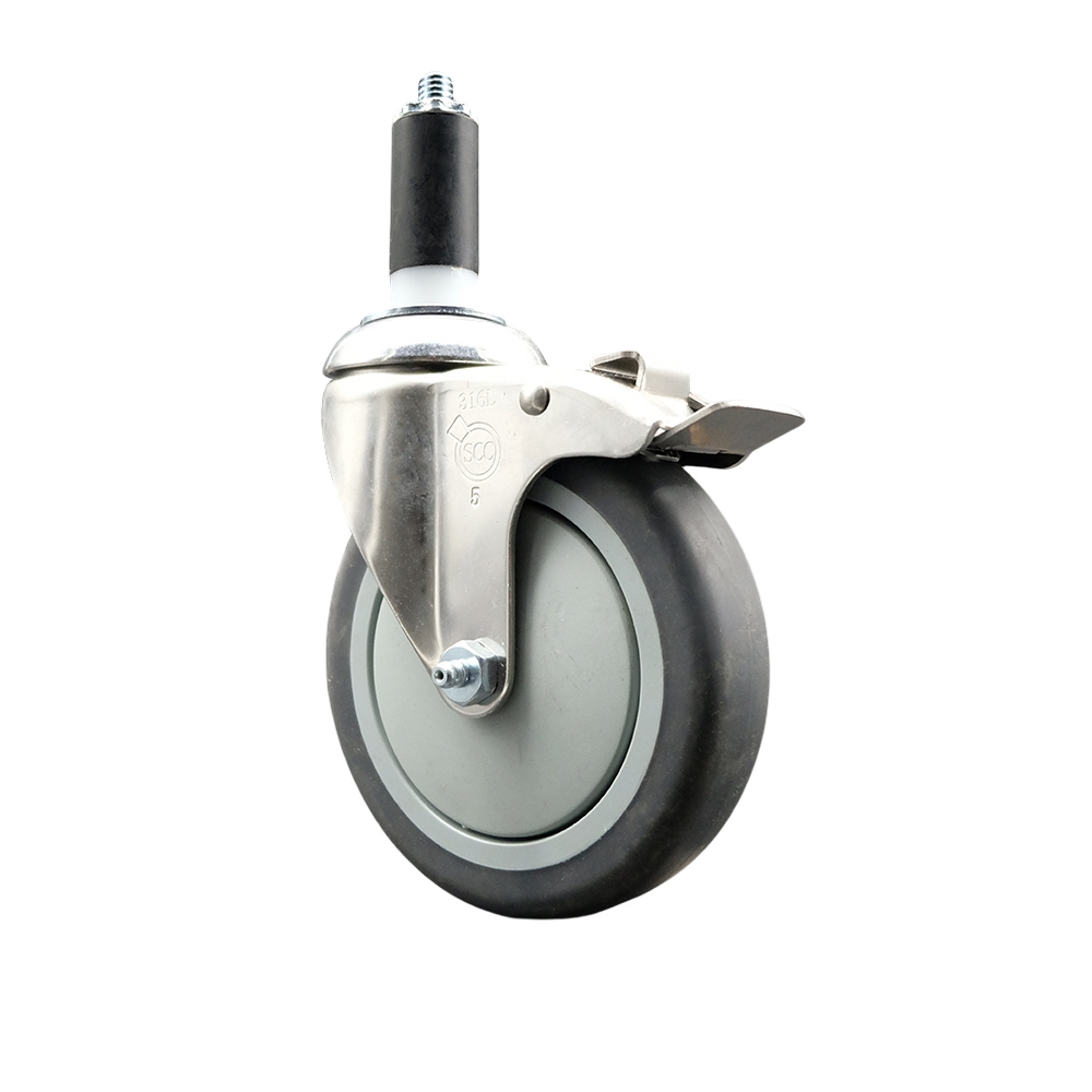 Thermoplastic Rubber Swivel Stem Caster with 5 Inch Gray Caster Wheel and Total Lock Brake - 1-3/8" Expanding Stem - 316 Stainless Steel Caster - 300 lbs. Capacity Per Caster - Service Caster Brand — photo 1