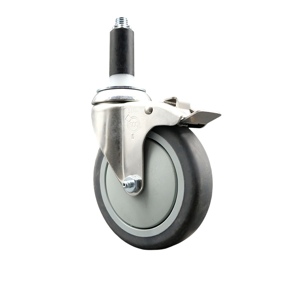 Thermoplastic Rubber Swivel Stem Caster with 5 Inch Gray Caster Wheel and Total Lock Brake - 1" Expanding Stem - 316 Stainless Steel Caster - 300 lbs. Capacity Per Caster - Service Caster Brand — photo 1