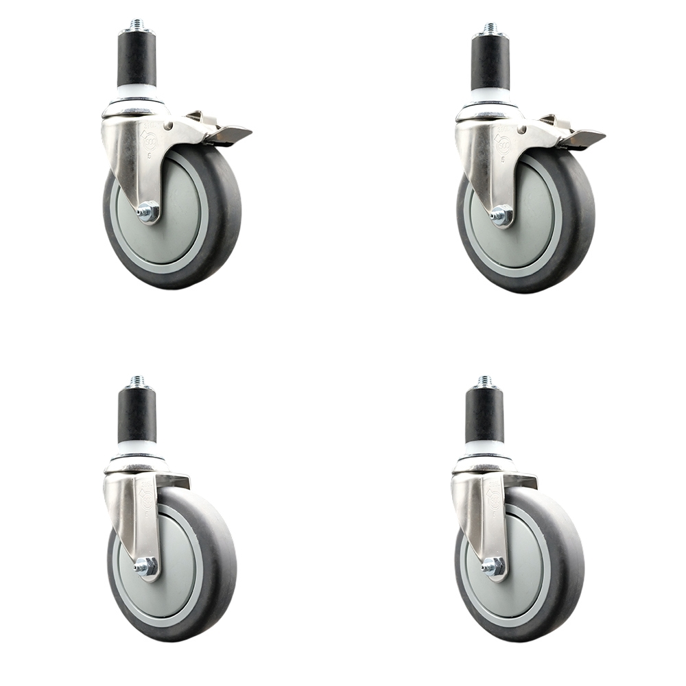 Thermoplastic Rubber Swivel Stem Caster Set of 4 with 5 Inch Caster Wheels- 1-1/2" Expanding Stem-316 Stainless Steel Casters-Includes 2 Swivel with Total Lock Brakes and 2 Swivel-Service Caster Brand — photo 1