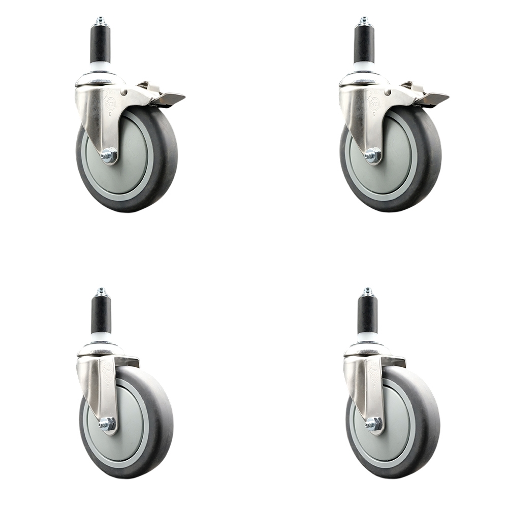 Thermoplastic Rubber Swivel Stem Caster Set of 4 with 5 Inch Caster Wheels- 1-1/4" Expanding Stem-316 Stainless Steel Casters-Includes 2 Swivel with Total Lock Brakes and 2 Swivel-Service Caster Brand — photo 1