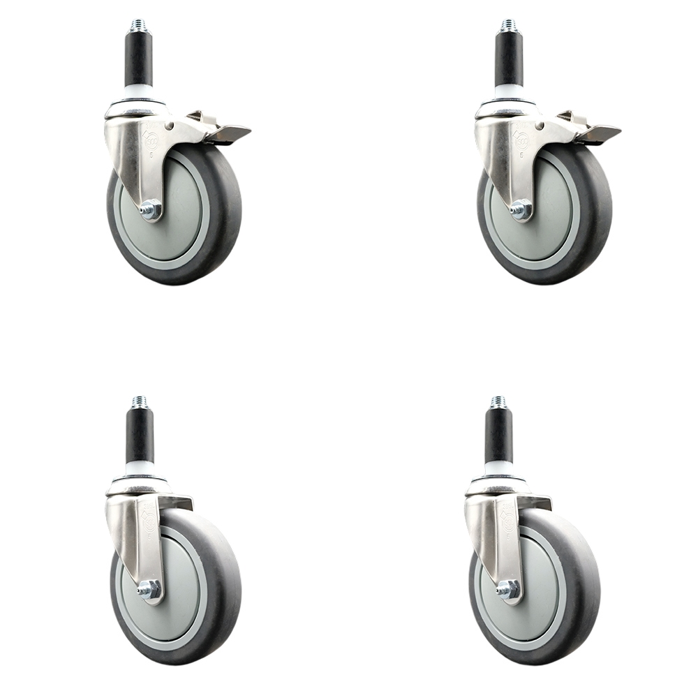 Thermoplastic Rubber Swivel Stem Caster Set of 4 with 5 Inch Caster Wheels- 1-1/8" Expanding Stem-316 Stainless Steel Casters-Includes 2 Swivel with Total Lock Brakes and 2 Swivel-Service Caster Brand — photo 1