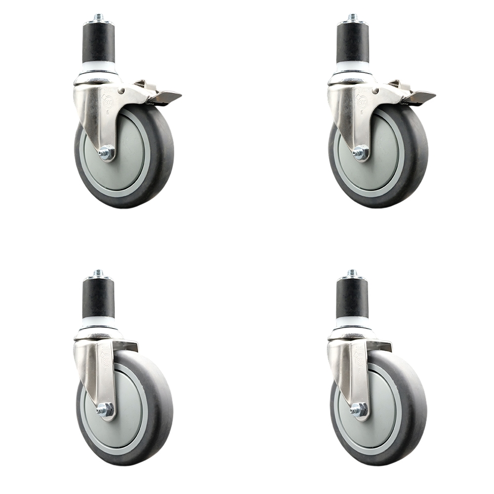 Thermoplastic Rubber Swivel Stem Caster Set of 4 with 5 Inch Caster Wheels- 1-3/4" Expanding Stem-316 Stainless Steel Casters-Includes 2 Swivel with Total Lock Brakes and 2 Swivel-Service Caster Brand — photo 1