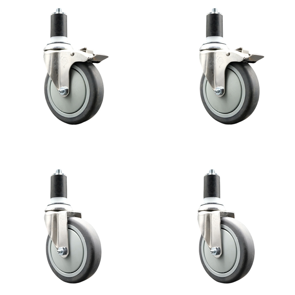 Thermoplastic Rubber Swivel Stem Caster Set of 4 with 5 Inch Caster Wheels- 1-5/8" Expanding Stem-316 Stainless Steel Casters-Includes 2 Swivel with Total Lock Brakes and 2 Swivel-Service Caster Brand — photo 1