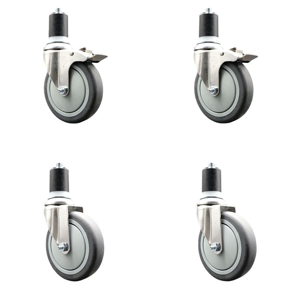 Thermoplastic Rubber Swivel Stem Caster Set of 4 with 5 Inch Caster Wheels- 1-7/8" Expanding Stem-316 Stainless Steel Casters-Includes 2 Swivel with Total Lock Brakes and 2 Swivel-Service Caster Brand — photo 1