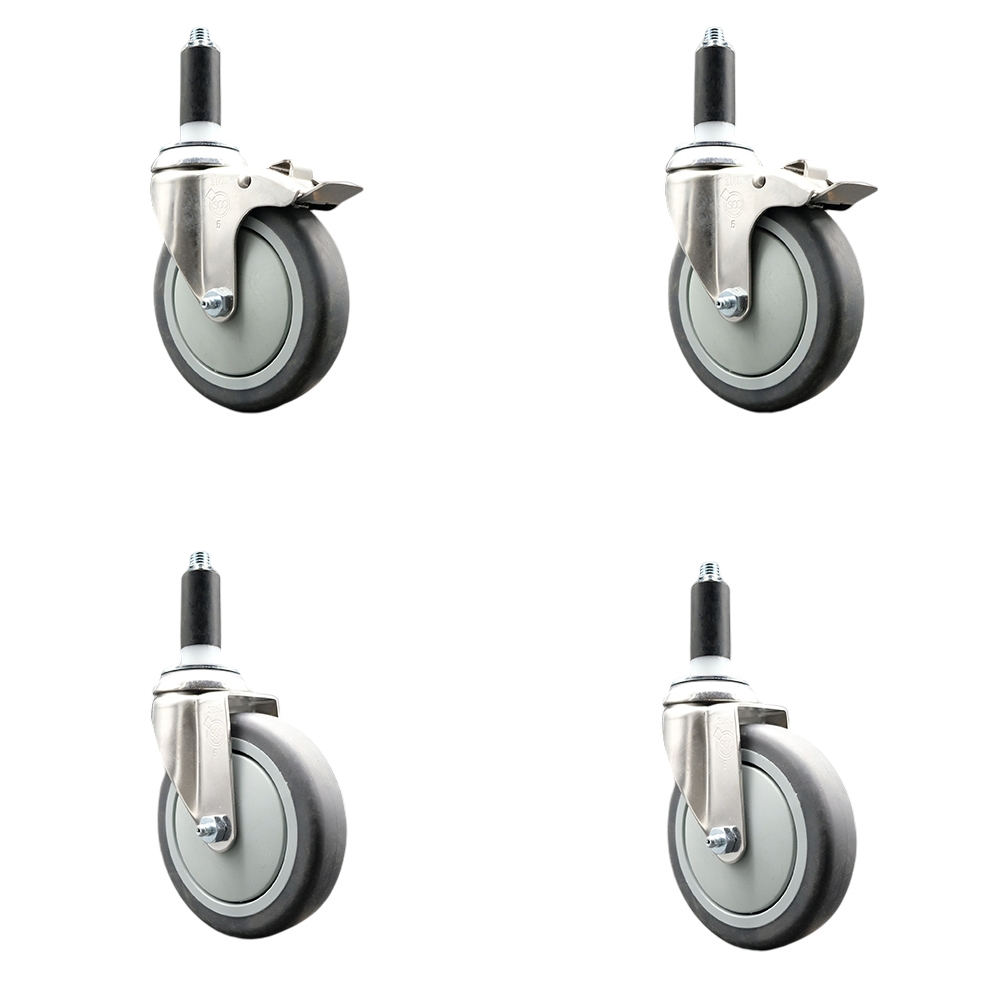 Thermoplastic Rubber Swivel Stem Caster Set of 4 with 5 Inch Caster Wheels- 1" Expanding Stem-316 Stainless Steel Casters - Includes 2 Swivel with Total Lock Brakes and 2 Swivel - Service Caster Brand — photo 1