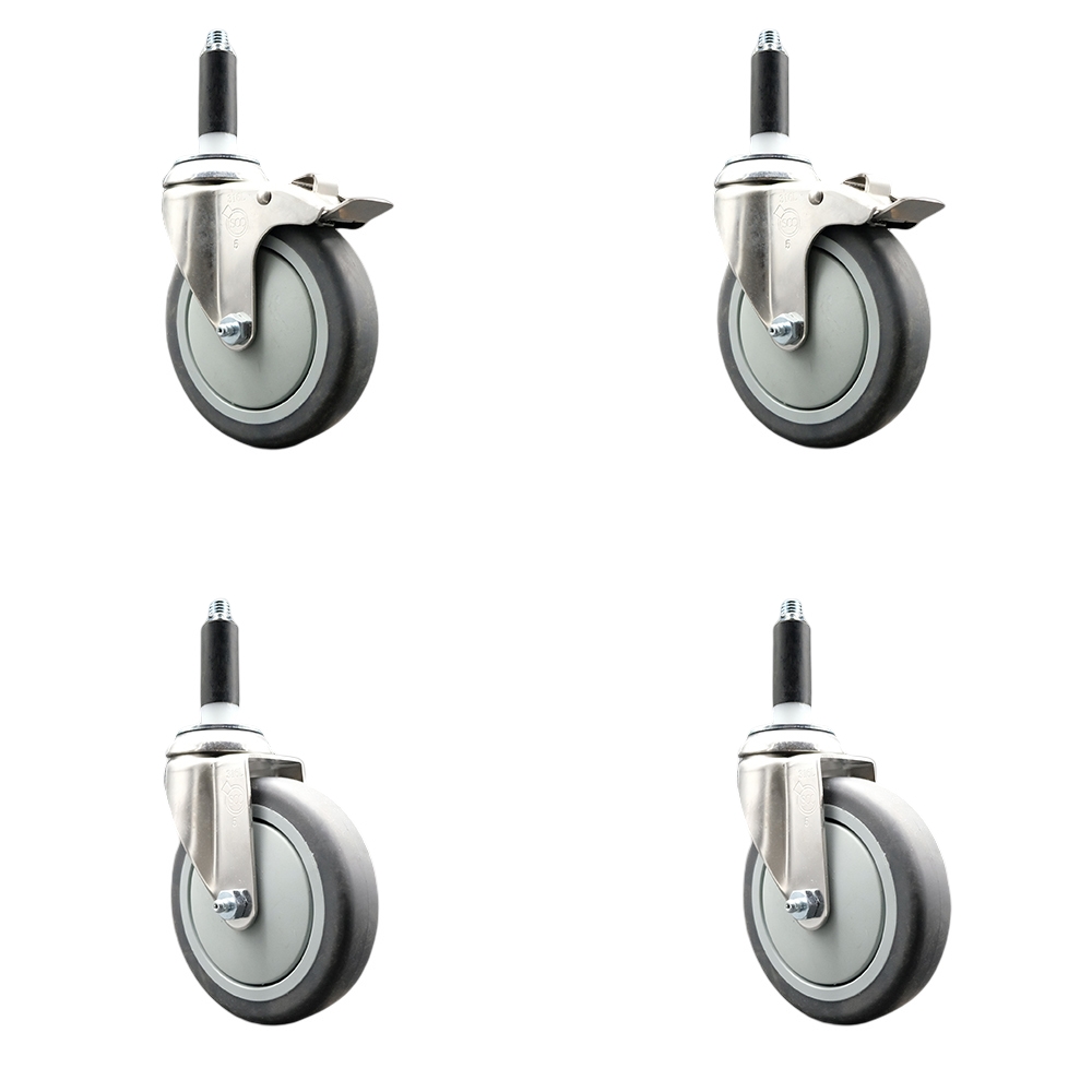Thermoplastic Rubber Swivel Stem Caster Set of 4 with 5 Inch Caster Wheels- 3/4" Expanding Stem-316 Stainless Steel Casters - Includes 2 Swivel with Total Lock Brakes and 2 Swivel-Service Caster Brand — photo 1