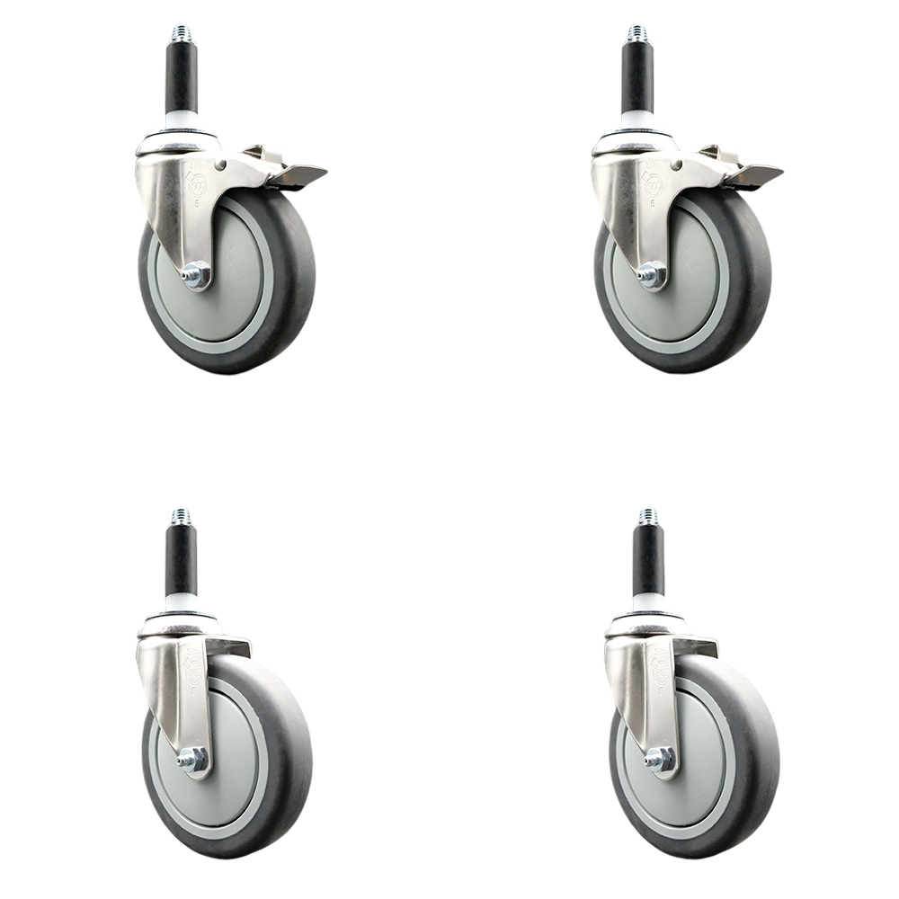 Thermoplastic Rubber Swivel Stem Caster Set of 4 with 5 Inch Caster Wheels- 7/8" Expanding Stem-316 Stainless Steel Casters - Includes 2 Swivel with Total Lock Brakes and 2 Swivel-Service Caster Brand — photo 1
