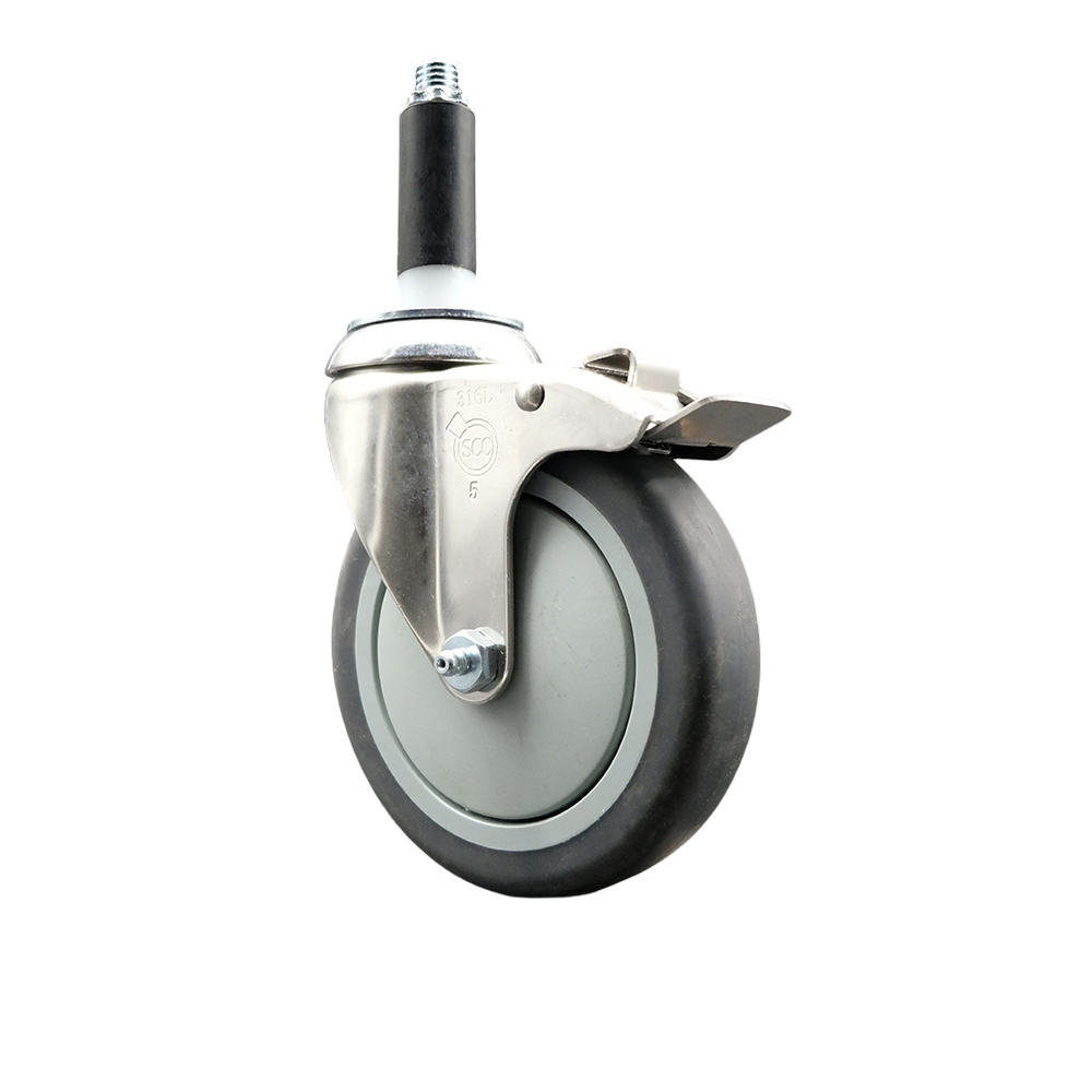 Thermoplastic Rubber Swivel Stem Caster with 5 Inch Gray Caster Wheel and Total Lock Brake - 7/8" Expanding Stem - 316 Stainless Steel Caster - 300 lbs. Capacity Per Caster - Service Caster Brand — photo 1