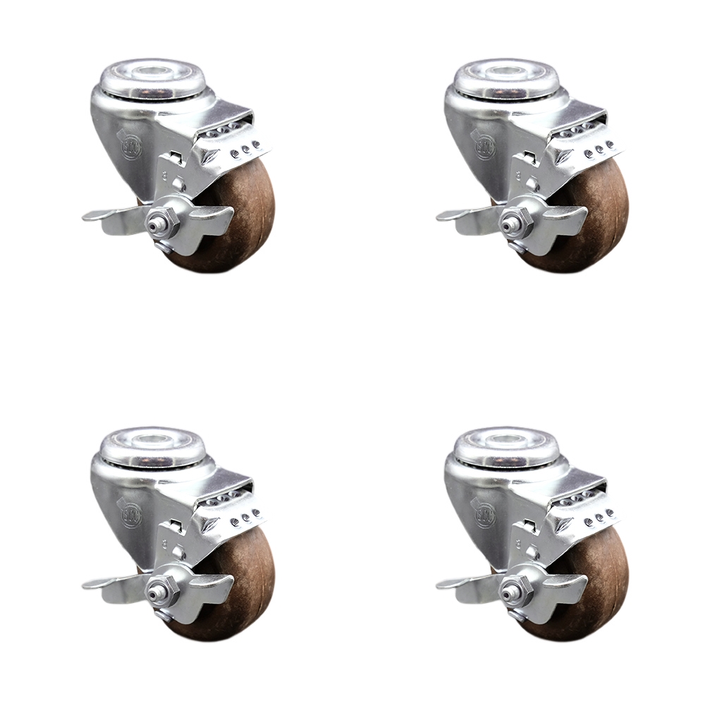 Stainless Steel High Temp Glass Filled Nylon Swivel Bolt Hole Caster Set of 4 w/3" x 1.25" Brown Wheels - Includes 4 Swivel with Top Lock Brakes - 1400 lbs Total Capacity - Service Caster Brand — photo 1
