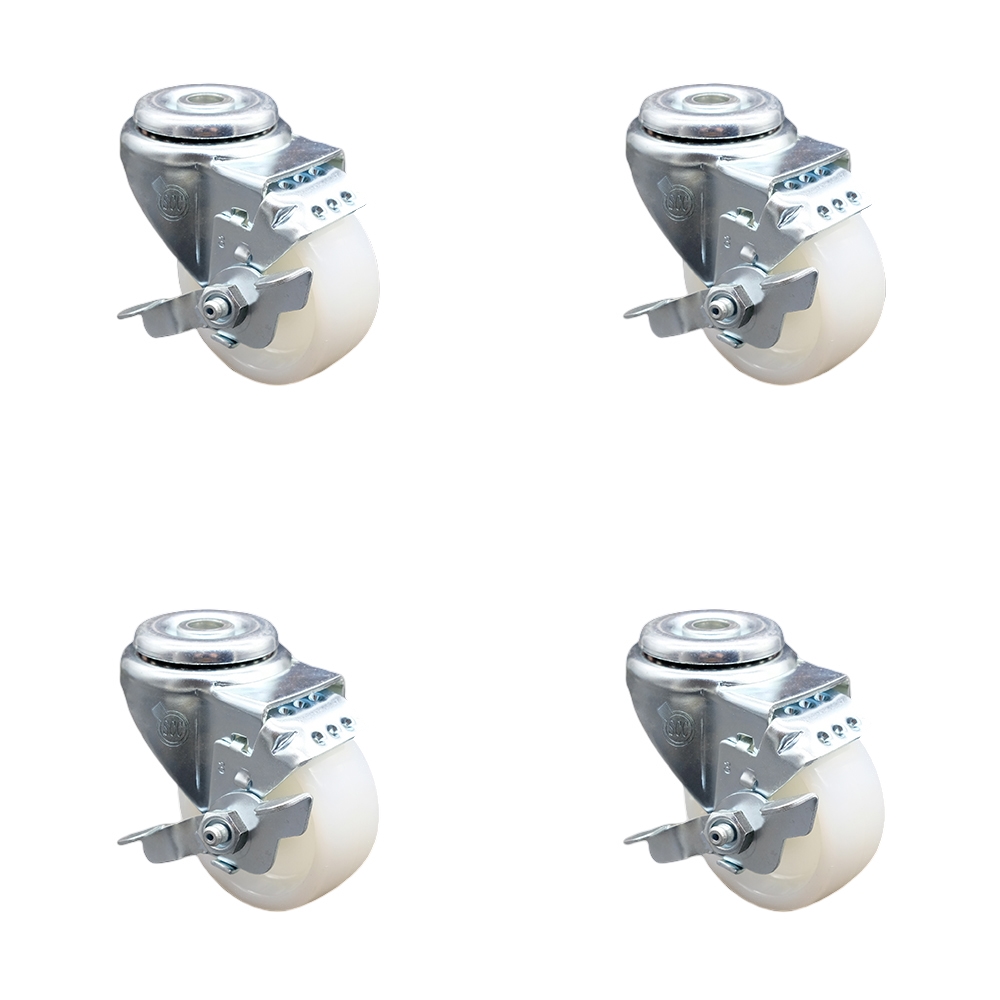 Stainless Steel Nylon Swivel Bolt Hole Caster Set of 4 w/3" x 1.25" White Wheels - Includes 4 Swivel with Top Lock Brakes - 1200 lbs Total Capacity - Service Caster Brand — photo 1