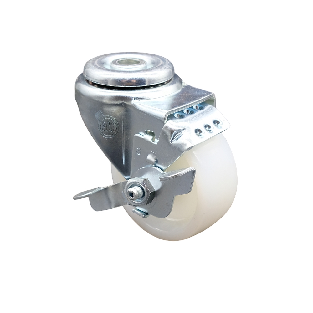 Stainless Steel Nylon Swivel Bolt Hole Caster w/3" x 1.25" White Wheel & Top Locking Brake - 300 lbs Capacity/Caster - Service Caster Brand — photo 1