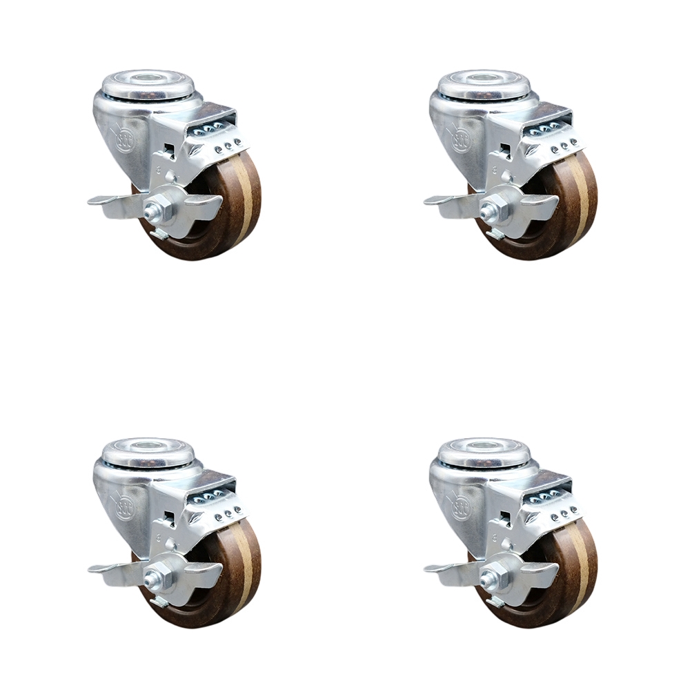 Stainless Steel High Temperature Phenolic Swivel Bolt Hole Caster Set of 4 w/3" x 1.25" Brown Wheels - Includes 4 Swivel with Top Lock Brakes - 1200 lbs Total Capacity - Service Caster Brand — photo 1