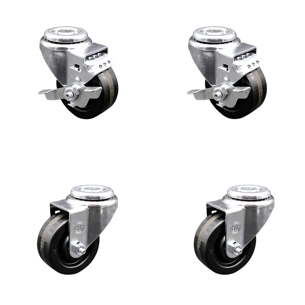 Stainless Steel Phenolic Swivel Bolt Hole Caster Set of 4 w/3" x 1.25" Black Wheels - Includes 2 with Top Locking Brakes - 1200 lbs Total Capacity - Service Caster Brand — photo 1