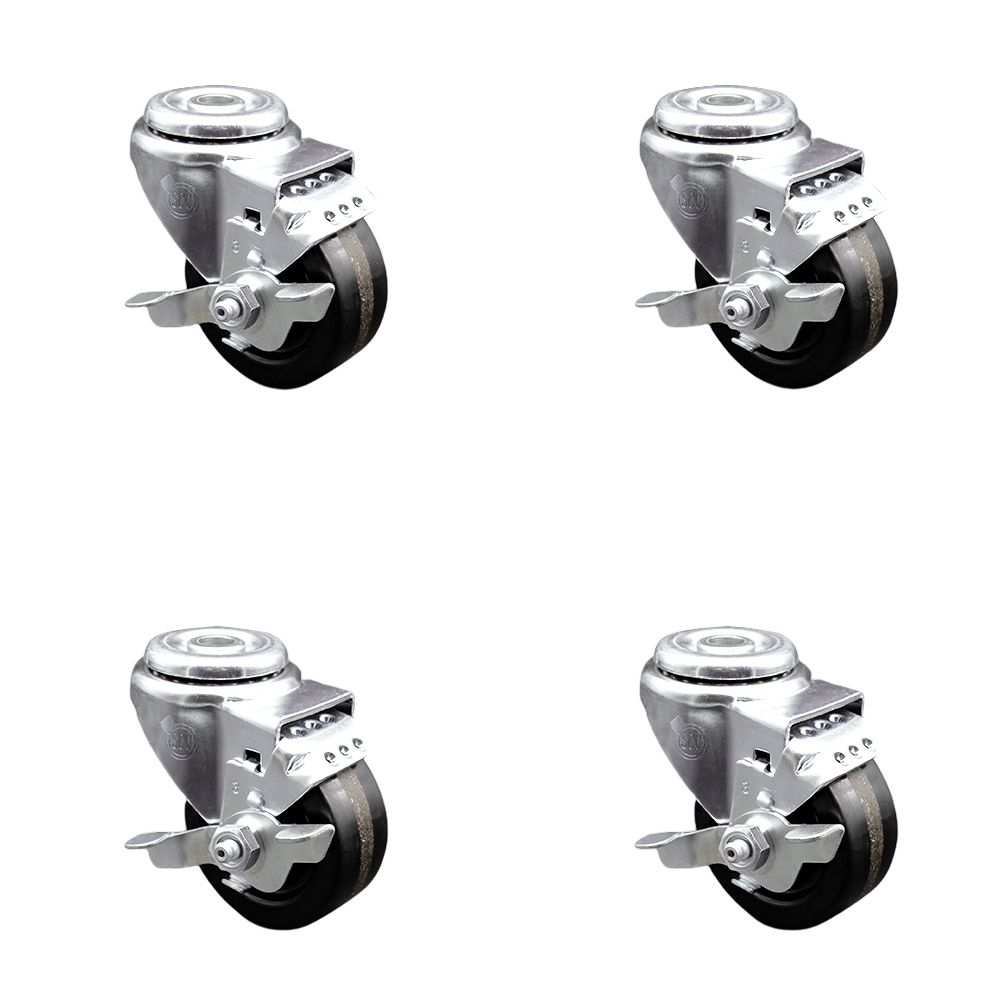 Stainless Steel Phenolic Swivel Bolt Hole Caster Set of 4 w/3" x 1.25" Black Wheels - Includes 4 Swivel with Top Lock Brakes - 1200 lbs Total Capacity - Service Caster Brand — photo 1
