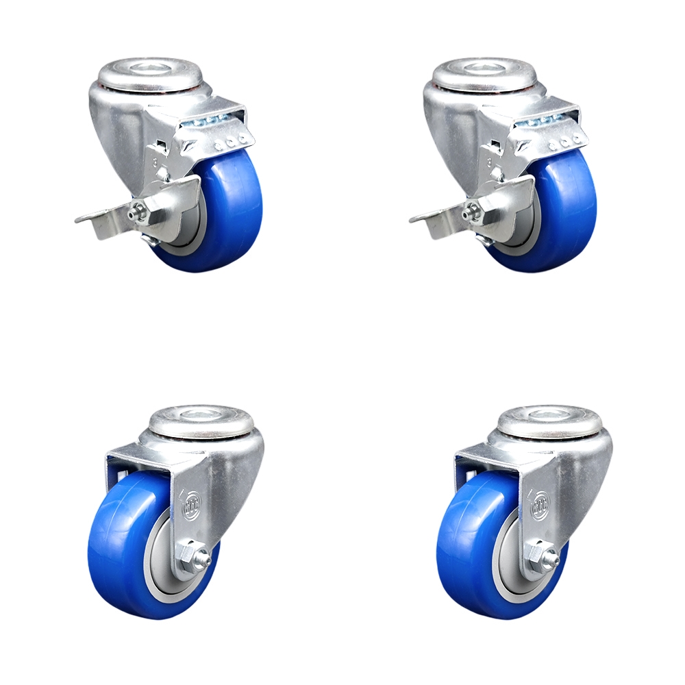 Stainless Steel Polyurethane Swivel Bolt Hole Caster Set of 4 w/3" x 1.25" Blue Wheels - Includes 2 with Top Locking Brakes - 1200 lbs Total Capacity - Service Caster Brand — photo 1