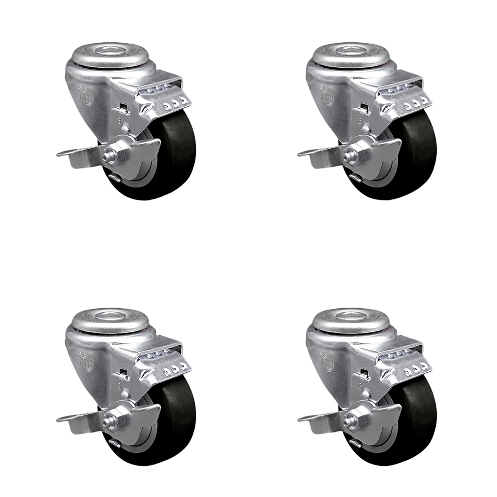 Stainless Steel Polyurethane Swivel Bolt Hole Caster Set of 4 w/3" x 1.25" Black Wheels - Includes 4 Swivel with Top Lock Brakes - 1200 lbs Total Capacity - Service Caster Brand — photo 1