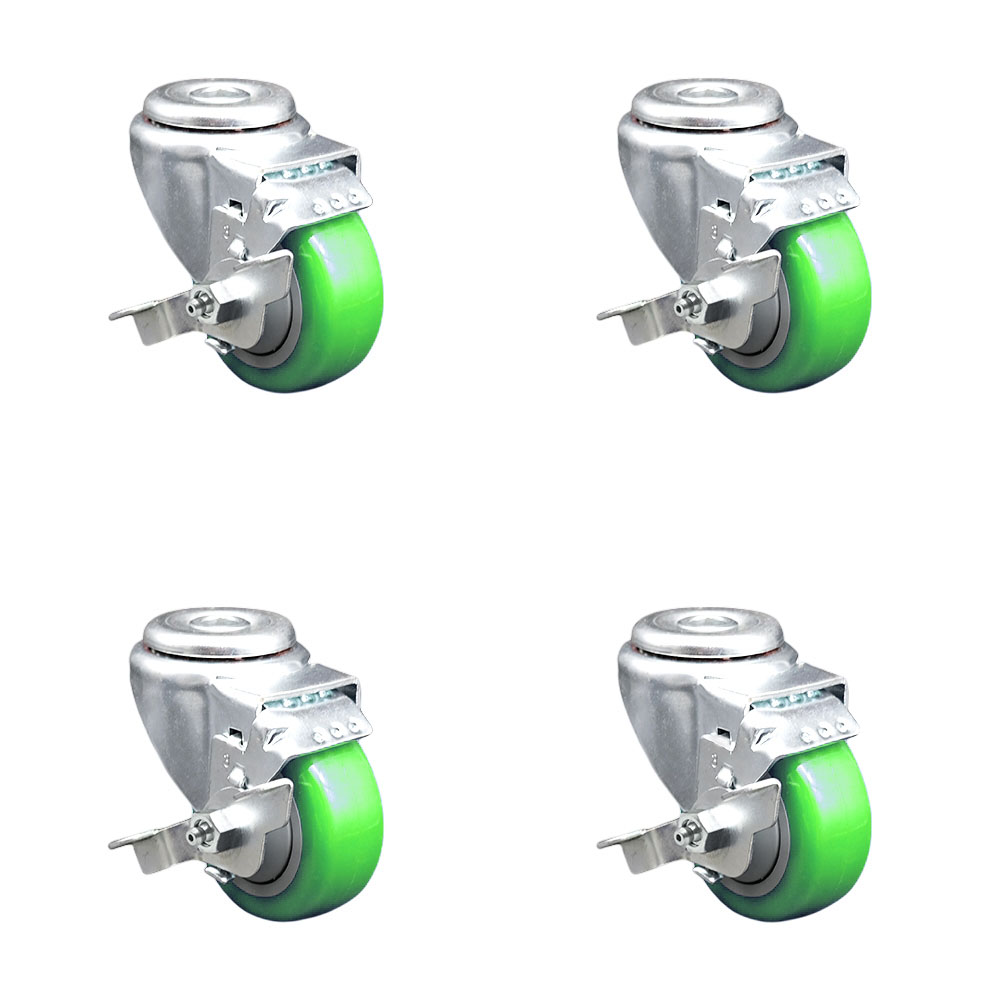 Stainless Steel Polyurethane Swivel Bolt Hole Caster Set of 4 w/3" x 1.25" Green Wheels - Includes 4 Swivel with Top Lock Brakes - 1200 lbs Total Capacity - Service Caster Brand — photo 1
