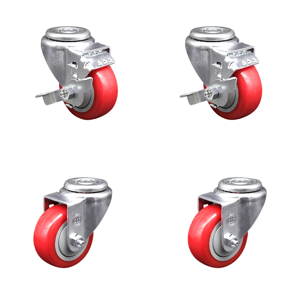 Stainless Steel Polyurethane Swivel Bolt Hole Caster Set of 4 w/3" x 1.25"  Red Wheels - Includes 2 with Top Locking Brakes - 1200 lbs Total Capacity - Service Caster Brand — photo 1