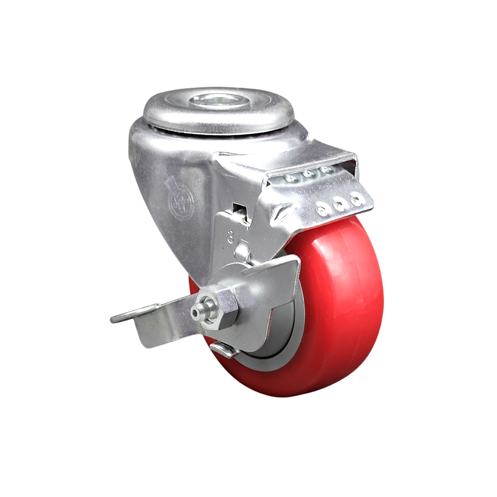Stainless Steel Polyurethane Swivel Bolt Hole Caster w/3" x 1.25"  Red Wheel & Top Locking Brake - 300 lbs Capacity/Caster - Service Caster Brand — photo 1